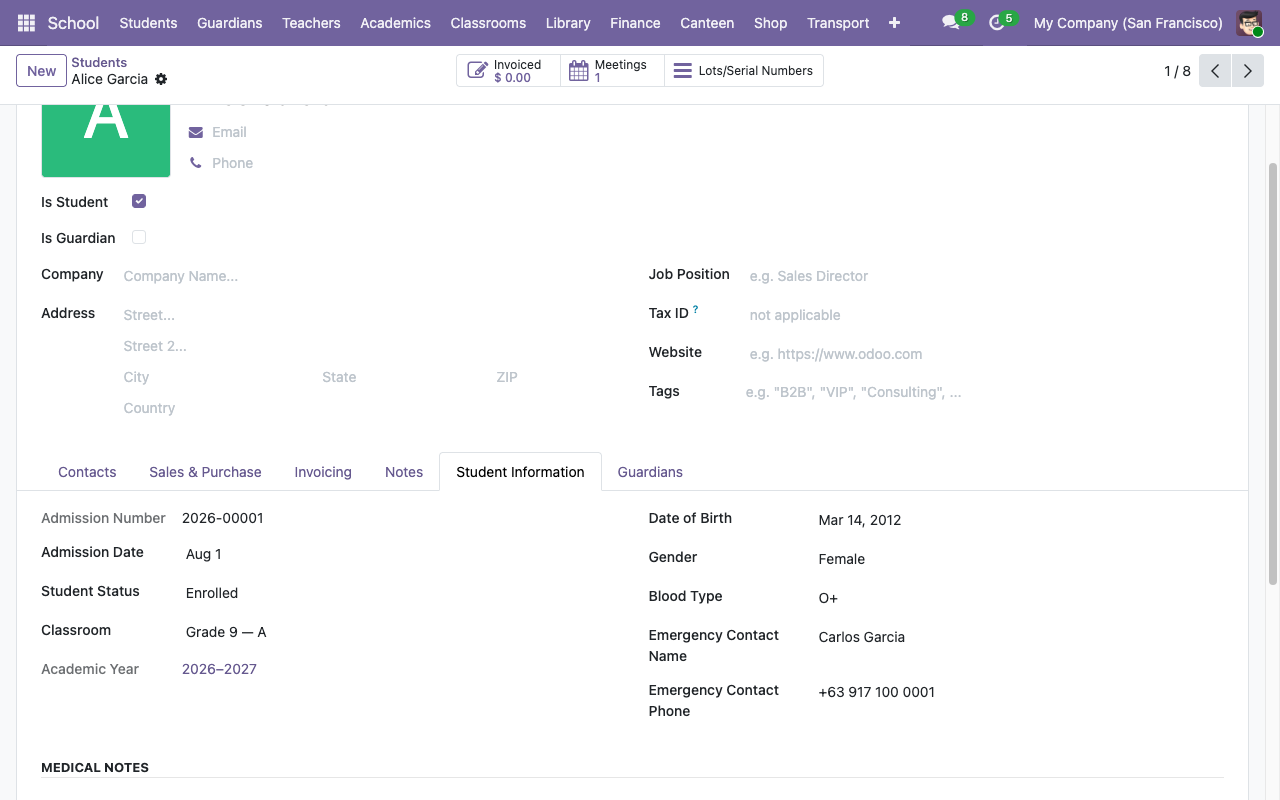 Student Information tab filled out