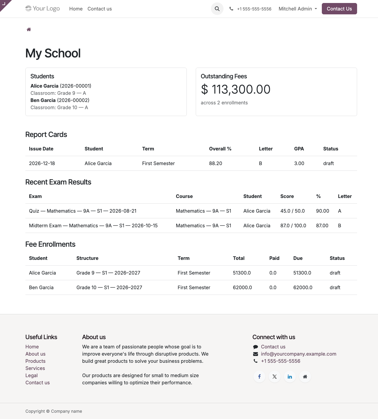 Portal dashboard showing wards + report card + exams + fees